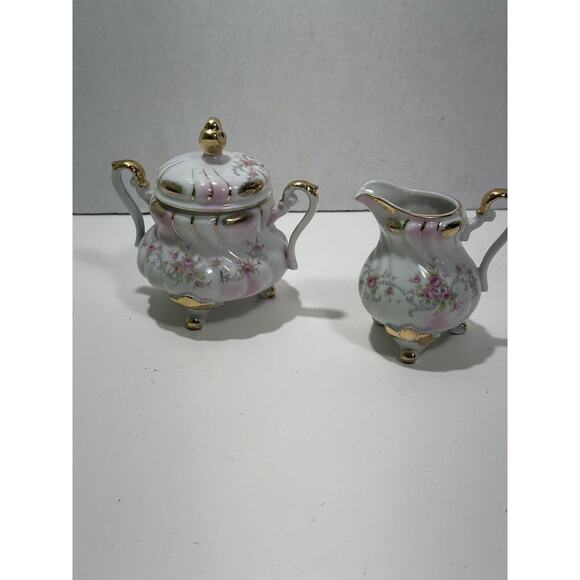 Vintage Lefton China Rose Heritage Gold Trim Creamer Sugar Set Hand Painted 1075 - Picture 1 of 7